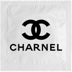 a white bag with the word chanel printed on it, and a black logo