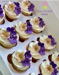 there are many cupcakes with purple flowers on them