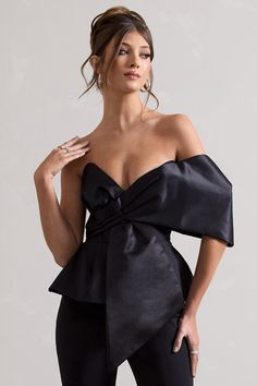 Mayfair | Black Asymmetric Bardot Top With Peplum Hem Luxury Zara Party Blouse, Chic Peplum Blouse For Evening, Fitted Off-shoulder Top For Wedding, Chic Peplum Tops For Formal Occasions, Chic Formal Peplum Tops, Party Peplum Top With Ruffles, Elegant Fitted Peplum Top With Ruffles, Elegant Asymmetrical Top With Ruffles, Elegant Peplum Evening Blouse