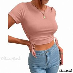 Olivia Mark - Short Sleeve Crop Top with Drawstring Waist Cinching Short Scarves, Short Sleeve Crop Top, Summer Crop Tops, Trending Products, Short Sleeve Cropped Top, Neck Crop Top, Shoulder Crop Top, Dressy Tops, Dressy Casual