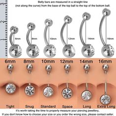 different types of piercings are shown in the diagram above, and below it is an image of how to measure them