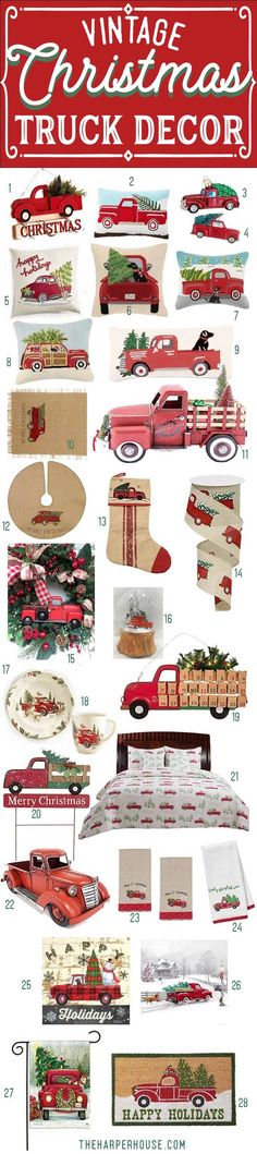 vintage christmas truck decor from the 1950's and 1960s's is featured in this poster