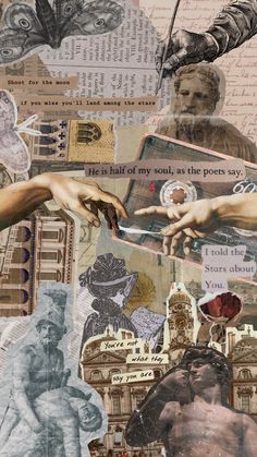 collage of hands reaching out to touch each other's fingers, surrounded by images of people and architecture