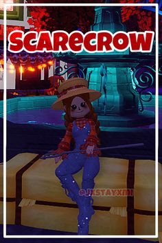 an animated image of a woman sitting on a suitcase with the words scarecrow in front of her