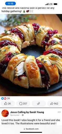 a cranberry and chicken crescent bread on a plate with the words jesus calling by sarah young above it