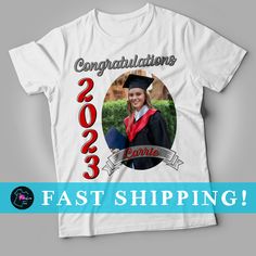 Custom Graduate Shirt Senior 2023, Custom Shirt With Picture For Graduating Seniors, Group Shirts For Families, Grad Squad 2k23, Proud Mom Hi! Welcome to our shop! Our main objective here at My Fashion Tees is your upmost satisfaction. Please message us with any questions you have about our products and services. Thank for taking time to check out what our shop has to offer! PRINTING PROCESS: We use the direct to garment (DTG) printing process, which uses water based textile ink. Each shirt is pretreated before printing to ensure a stronger bond between garment fibers and the pigmented inks. Since we use a digital process the print is sharper and has a higher resolution than traditional printing methods such as screen printing.  SHIRT SIZING AND SPECS: We carry infant sizes 6M - 18M, toddl Customizable Graduation T-shirt With Crew Neck, Customizable Crew Neck T-shirt For Graduation, Customizable Short Sleeve T-shirt For Graduation Gift, Customizable Crew Neck T-shirt For Graduation Gift, Customizable White T-shirt For Graduation, Short Sleeve Tops With Letter Print For Graduation Gift, Pre-shrunk White Shirt For Graduation, White Pre-shrunk Shirt For Graduation, White T-shirt With Custom Print For Graduation