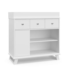 a white cabinet with two drawers on one side and an open shelf on the other