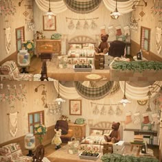 two pictures of a doll house with teddy bears in it