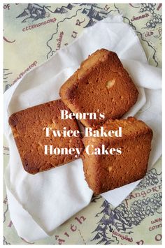 three pieces of bread sitting on top of a white paper towel with the words, bacon's twice baked honey cakes