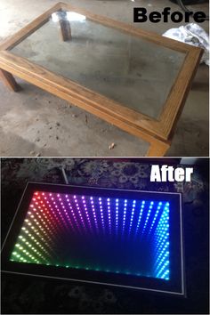 the before and after pictures of a coffee table that has been turned into a light show