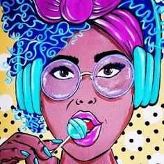 a painting of a woman wearing headphones and holding a toothbrush in her mouth