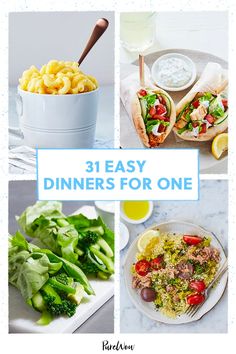 the cover of 31 easy dinners for one is shown with pictures of food and drinks