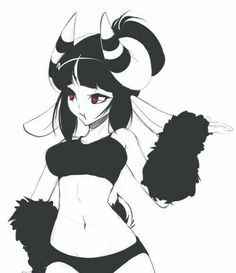 a drawing of a woman in black and white with horns on her head, holding a furry