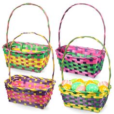 three baskets with easter eggs in them on a white background, one is pink and the other is green