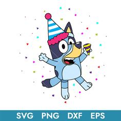 a cartoon character with a party hat on