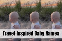 a baby is sitting in the sand with four different images