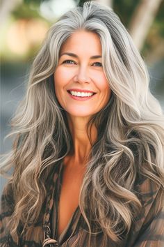 Long Loose Waves Hairstyle for Women Over 40 with Thick Hair. Long Hair Older Women, Over 40 Hairstyles, Red Wolves, 2024 Hairstyles, Grey Blonde Hair, Grey Blonde, Grey Highlights