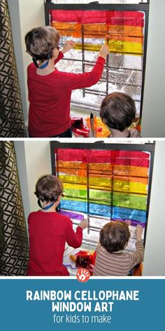 two children playing with rainbow cellophane in front of a window that says rainbow cellophane for kids to make