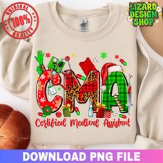 an image of a shirt with the word oma on it and christmas decorations around it