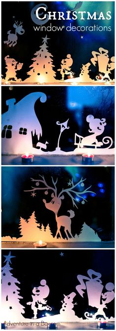 the silhouettes of christmas decorations are shown in three different styles and sizes, including santa's sleigh