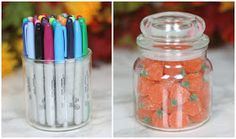 four different colored pens are in a glass jar and one is filled with gummy bears