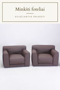 two brown chairs sitting next to each other on top of a white floor with the words minksti foteliai