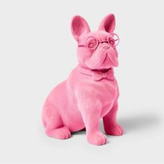 a pink dog with glasses sitting on the ground