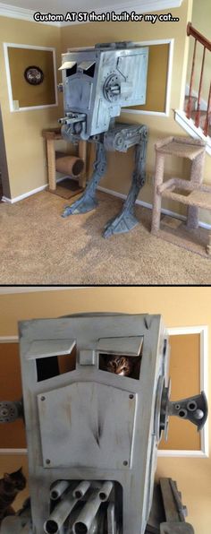 two pictures of an old robot sitting on top of a chair