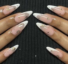 Sun And Moon French Tip Nails, Celestial Nails Acrylic Almond, Almond Nails Designs Graduation, Iridescent Star Nails, Nail Designs Astrology, Gold Star Nails Acrylic, Almond French Tip Nails With Stars, White And Gold Star Nails, Starry Nails Acrylic