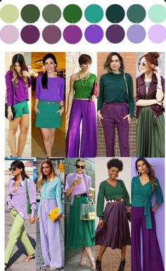 Jewel Tones Outfit Color Combos, Colourful Outfits 2023, Style Trends 2023 Women, Teal And Purple Outfits, Color Blocking Outfits Winter, Bright Winter Summer Outfit, Purple And Green Outfits For Women, Fall Color Combinations Outfit Ideas, Green Dress Outfit Spring