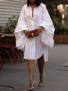 Statement Puff Sleeves Loose Pleated Split-Side Solid Color Lapel Collar Midi Dresses WHITE-S Dress Sleeve Length, Collared Shirt Dress, Mini Dresses For Women, Turndown Collar, Dress Shirts For Women, Moda Vintage, White Shirt Dress, Looks Chic, Daily Dress