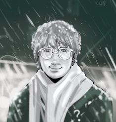 a drawing of a man with glasses and a scarf around his neck in the rain