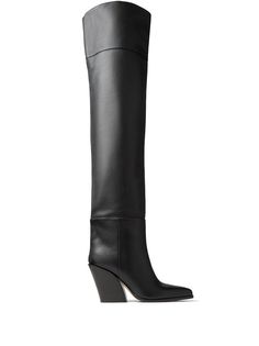 black leather thigh-length block heel logo plaque gold-tone hardware pointed toe slip-on style Jimmy Choo Boots, Bota Over, Long Boots, Designer Boots, Boots Black, Over The Knee Boots, Over The Knee, Smooth Leather, Jimmy Choo