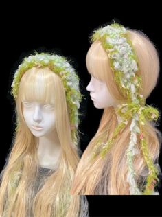 two wigs with flowers and leaves on them, one is blonde and the other is blond