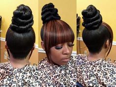 Facebook: Tasha Neloms Chinese Bangs, High Buns, Black Hair Bun, Wedding Ponytail, Black Hair Updo Hairstyles, Weave Ponytail, Hair Images