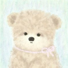 a drawing of a teddy bear with a pink ribbon around its neck