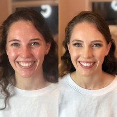 two women are smiling for the camera and one is wearing a white t - shirt