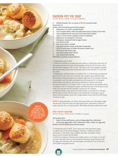 the recipe for chicken pot pie soup is shown in two bowls with spoons and napkin