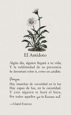 a poem written in spanish with a flower on the bottom and an image of a plant behind it