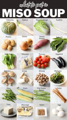 the ultimate guide to miso soup is shown in this image, it shows all the ingredients