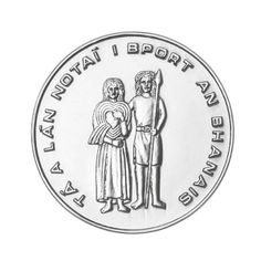 a silver medal with an image of two people standing next to each other and holding hands