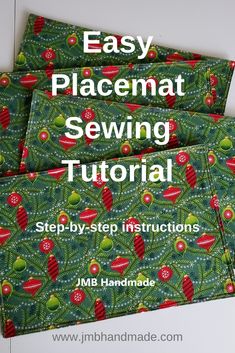 three placemats with the words easy placemat sewing pattern on them and an image of