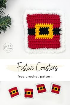 crocheted coasters with the text festive coasters free crochet pattern