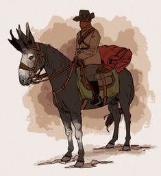 a man riding on the back of a horse wearing a hat and carrying a bag