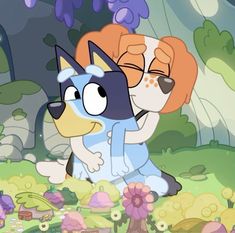 two cartoon characters hugging in the middle of a field with trees and flowers behind them