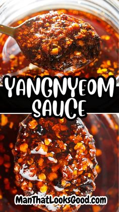 a spoon full of sauce with the words yanggyeon sauce above it and an image of