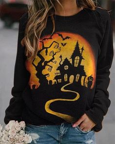 Women Print Casual Long Sleeve Loose Halloween Sweatshirt, P1 / US12 Happy Halloween Pumpkin, Zucca Halloween, Halloween Hoodie, Pumpkin Print, Halloween Prints, Halloween Sweatshirt, Halloween Dress, Print Sweatshirt, Printed Sleeves