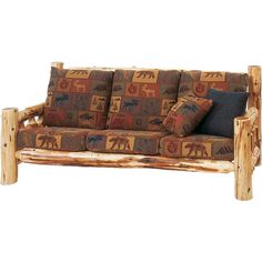 a couch made out of logs with pillows on the top and bottom, sitting in front of a white background