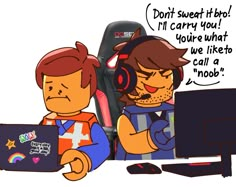 two cartoon characters sitting in front of a computer