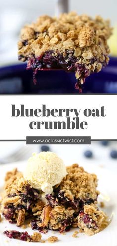 blueberry oat crumble on a plate with ice cream